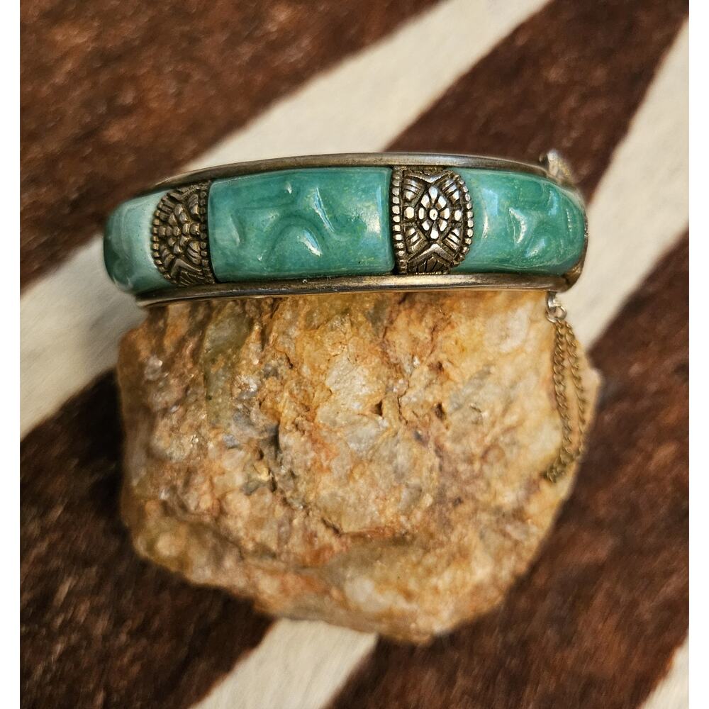 Vintage Silver Tone and Jadeite Glass Hinged Bangle Bracelet W Safety Chain